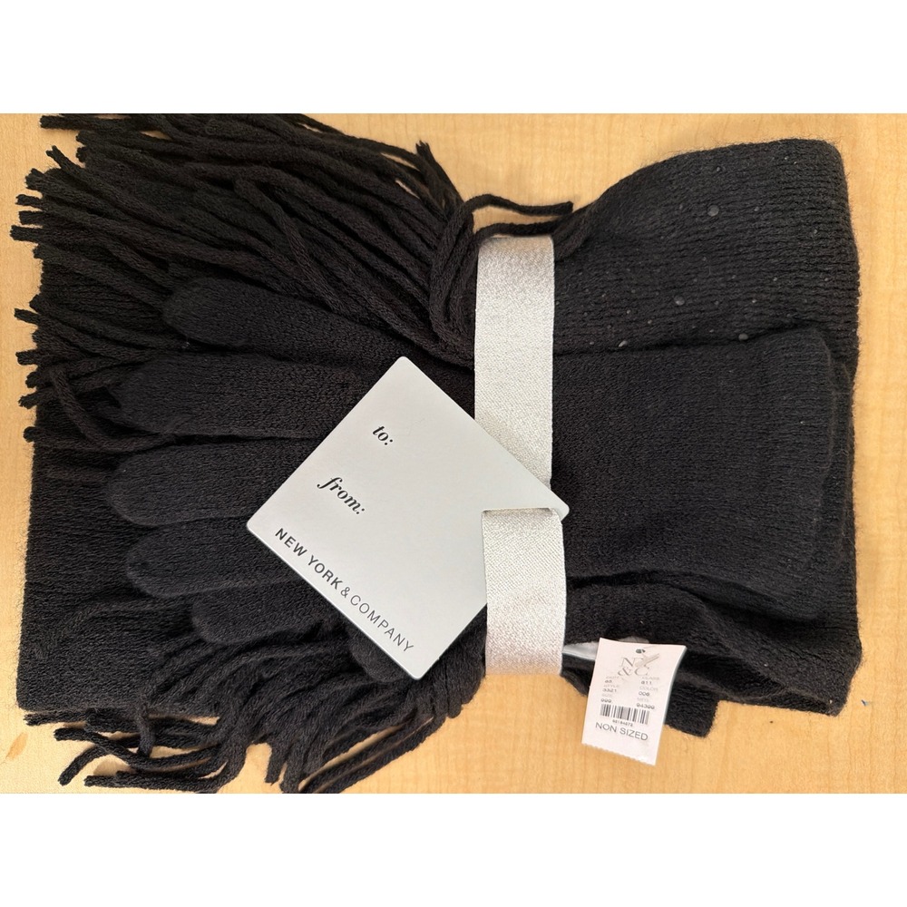 New York & Company Black Knit Scarf and Gloves Gift Set with Fringe Trim
